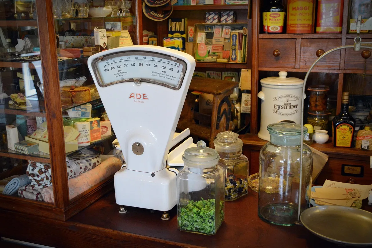 old scale, shop counter, sales shelf. GST HST PST for Coffee Shops in Canada: A Province-by-Province Guide