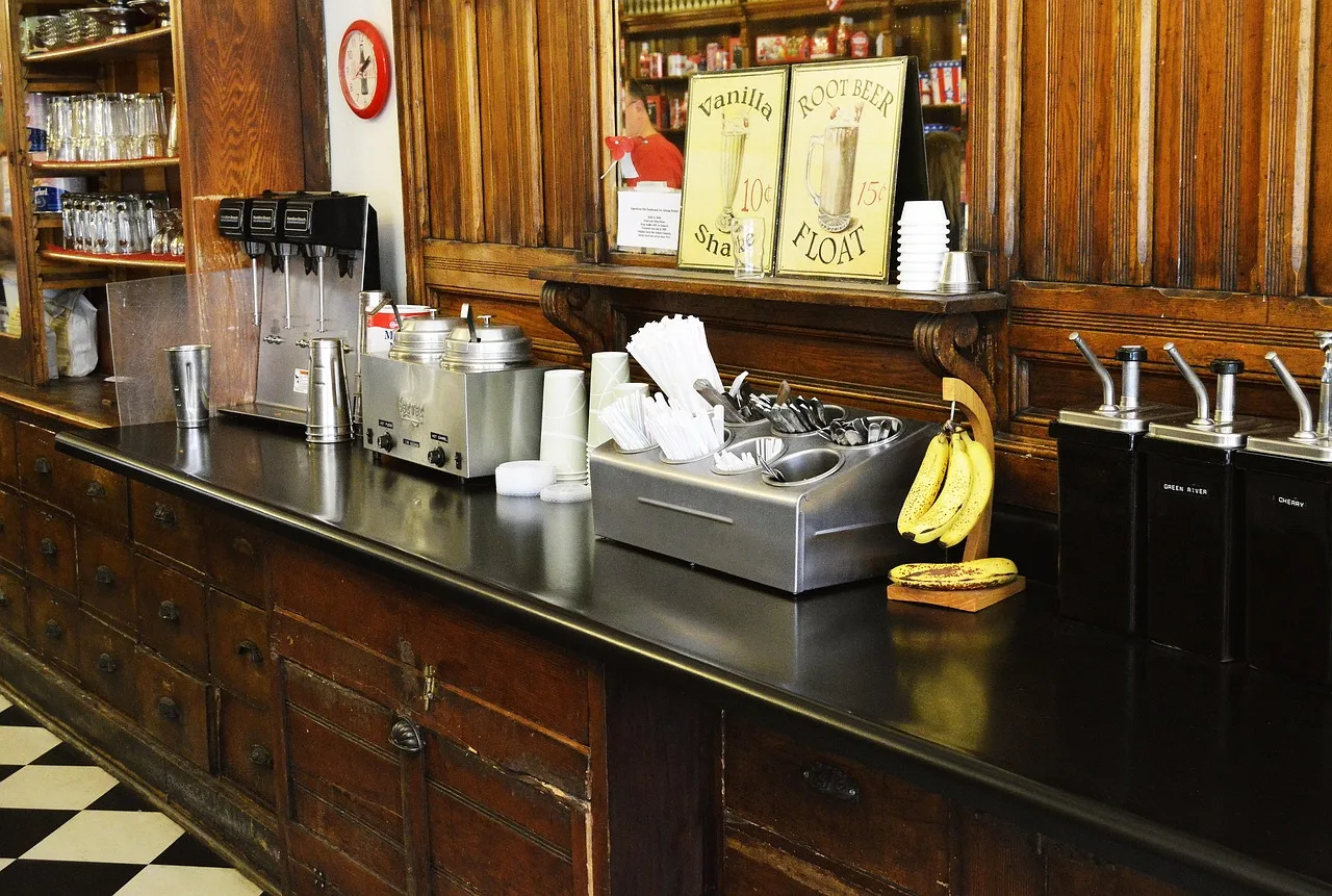 old fashioned, cafe, coffee shop, ice cream, store, restaurant, barista, area, counter, old, vintage, style, retro, vanilla, root beer float, shake, wooden, wood, cabinet, bananas, utensils, diner, shop, shoppe, brown shopping, brown restaurant, brown shop, brown cafe, brown banana, barista, diner, diner, diner, diner, diner. Licensing a coffee shop: how to find out which permits and approvals apply