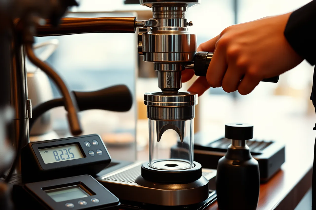 Barista calibrating espresso grinder with scale and portafilter (7 altitude adjustments for Denver cafes, from roast profiles to brew ratios)
