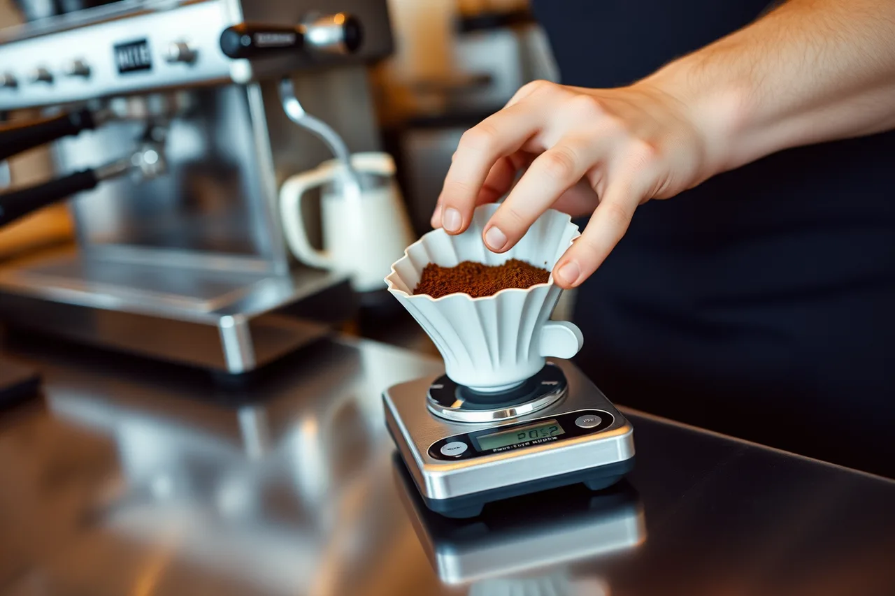 Barista weighing coffee dose on digital scale at bar (Coffee shop rates that pay the bills and then some)