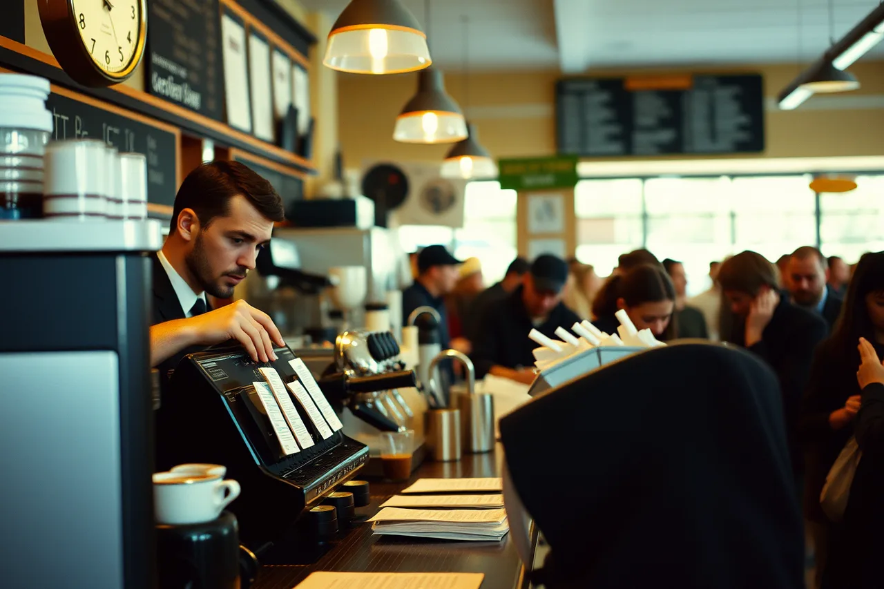 Barista using stopwatch to time drink preparation on busy shift (Coffee shop rates that pay the bills and then some)